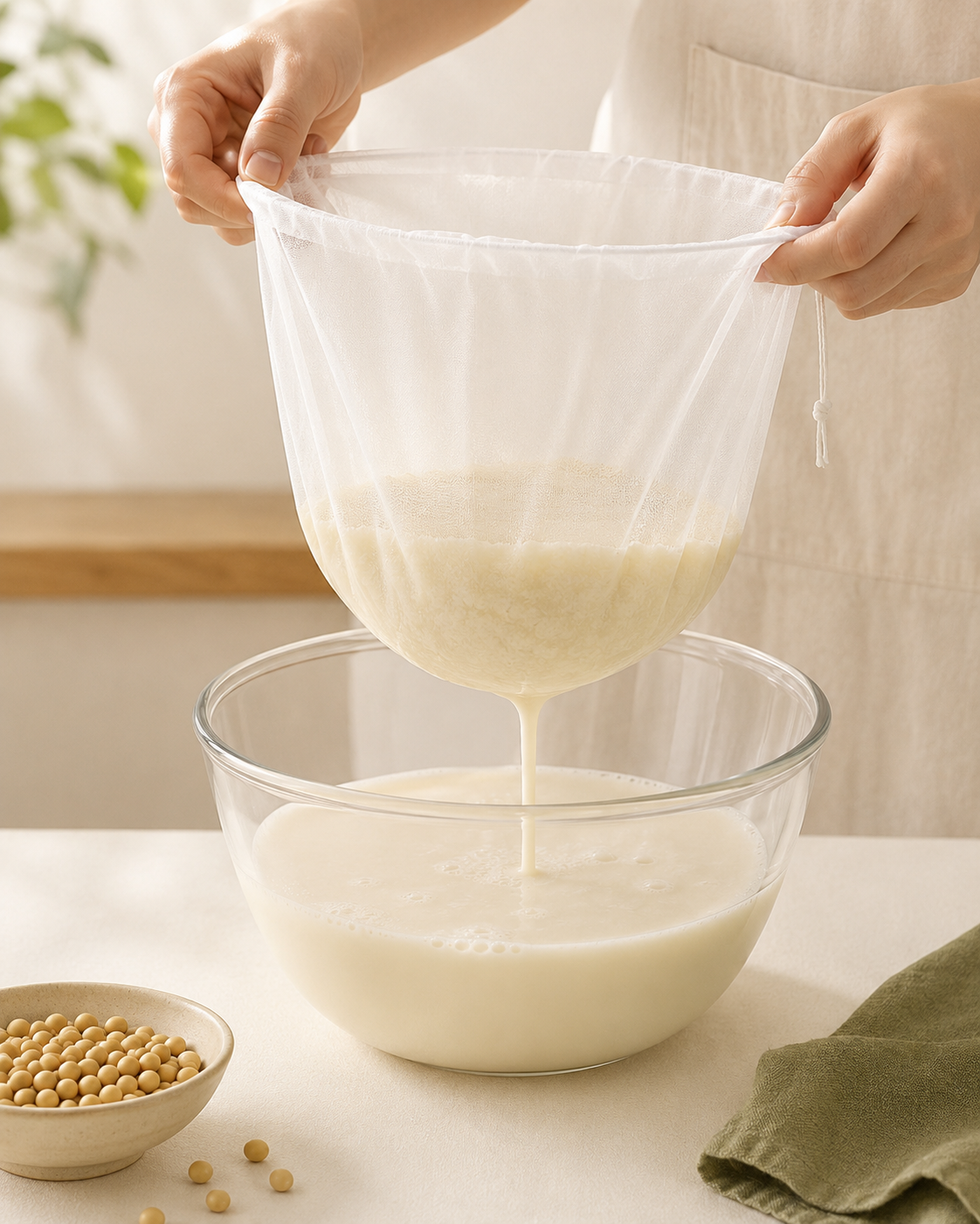 Filtering homemade soy milk with a fine mesh bag