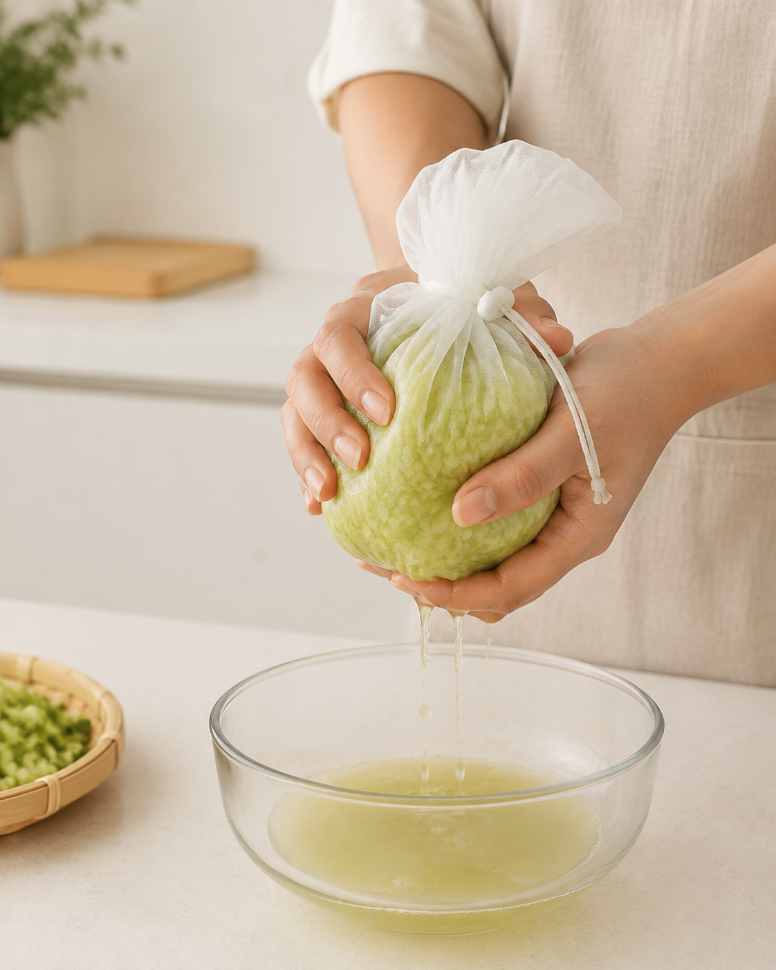 Squeezing vegetables for dumpling filling