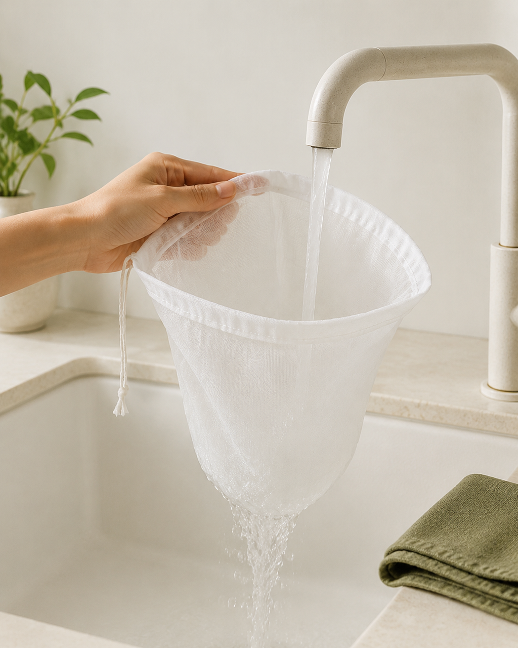 Rinsing the reusable mesh strainer bag